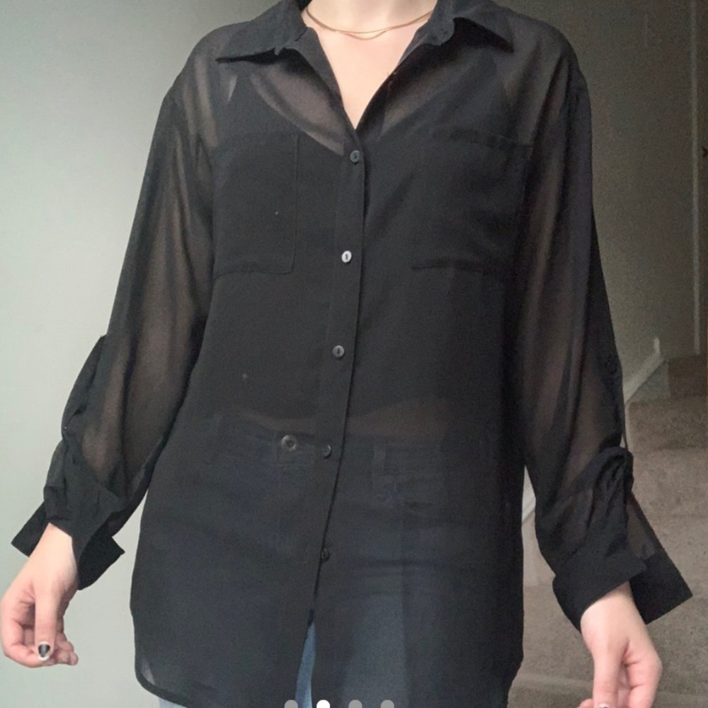 Black See Thru Button Down Blouse - image 2